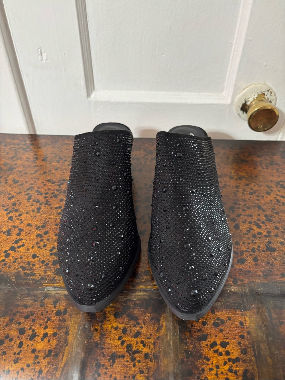 Very G Black Rhinestone Slip-On Mules